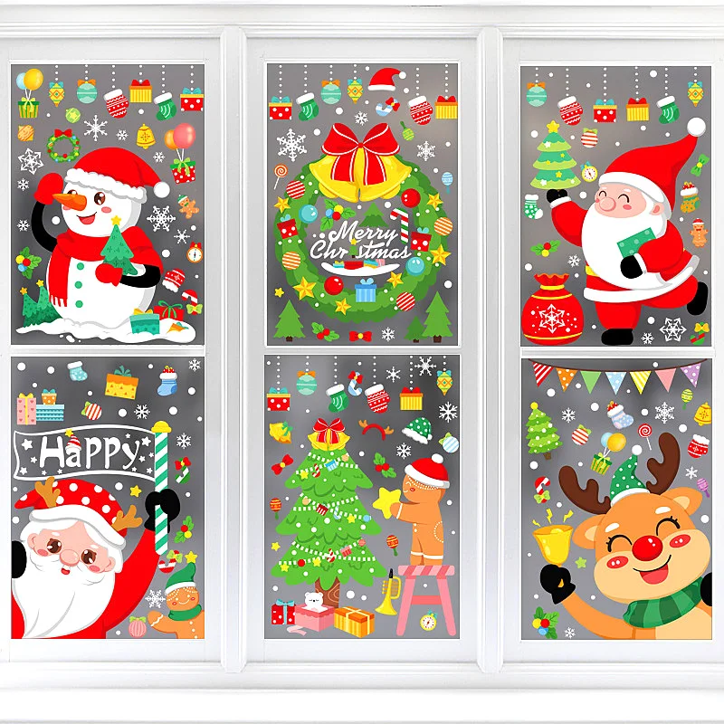 2025 Christmas Decorations Window Stickers Cartoon Santa Claus Snowman Elk Xmas Tree Glass Sticker Home Room Mirror Wall Sticker