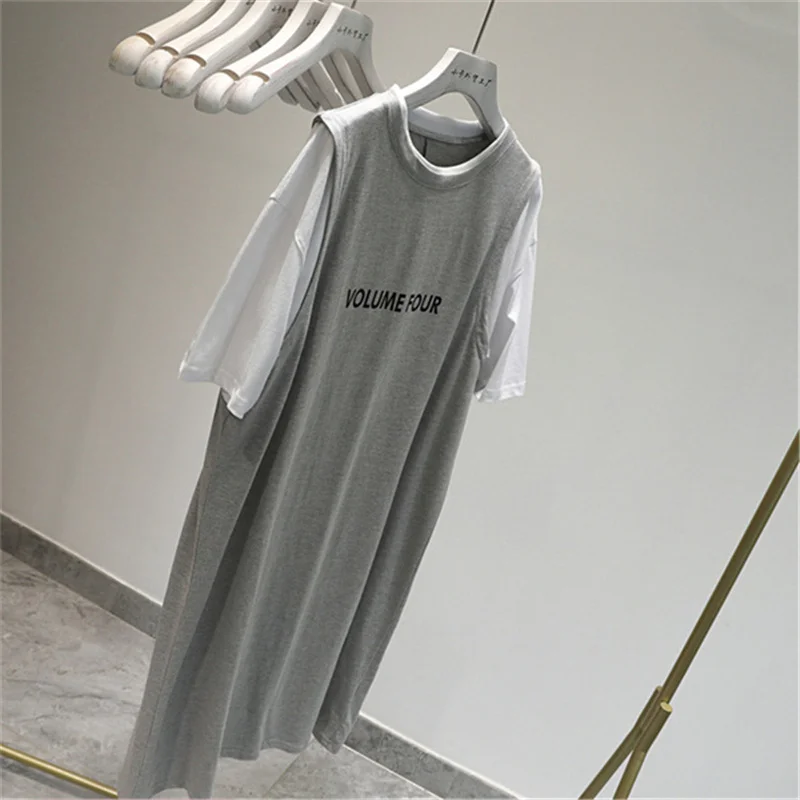 

Casual Summer Long Knee-Length Fake Two-Piece Short Sleeve T-Shirt Dress Women's Lazy Style Loose Fit Comfortable Dress
