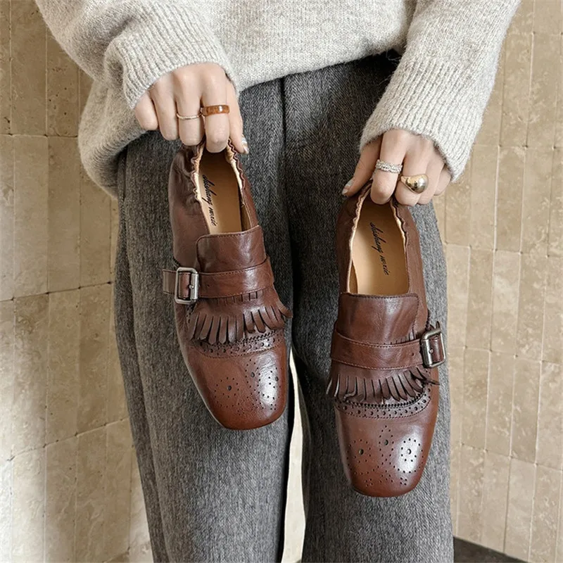 New Spring Genuine Leather Women Shoes Fashion Retro Round Toe Shoes for Women Low Heels Women Pumps Height-increasing Insoles