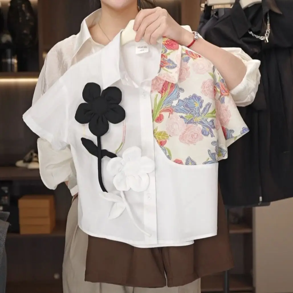 Spring and Autumn Children's Shirt Fashion Boys and Girls' Design Sense Flower Loose Printed Short Sleeve Casual Shirt
