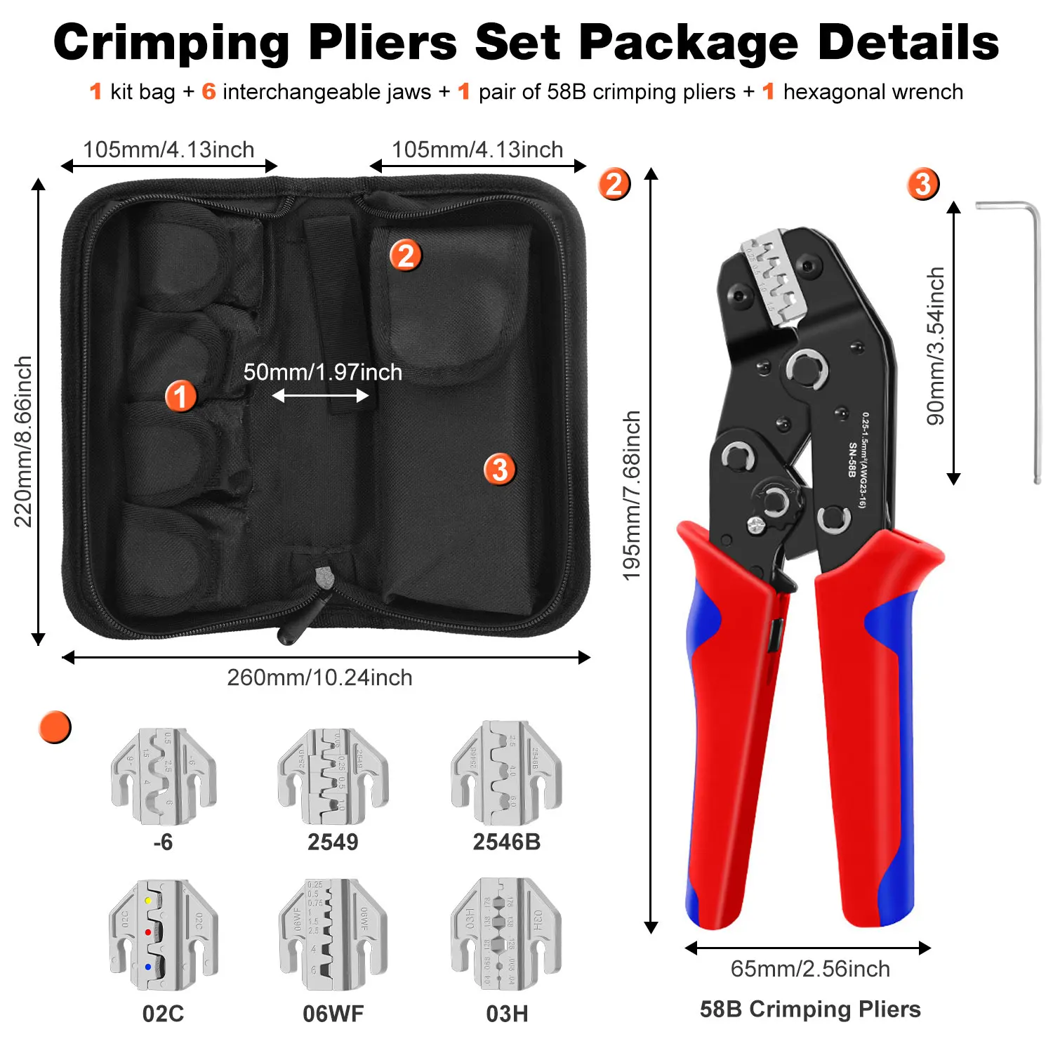 SN-58B 6Jaws Crimping Tool Kit For Dupont JST MOLEX Terminals,No/Pre Insulated Ferrules,Butt Connectors,Solar & Coax Connectors