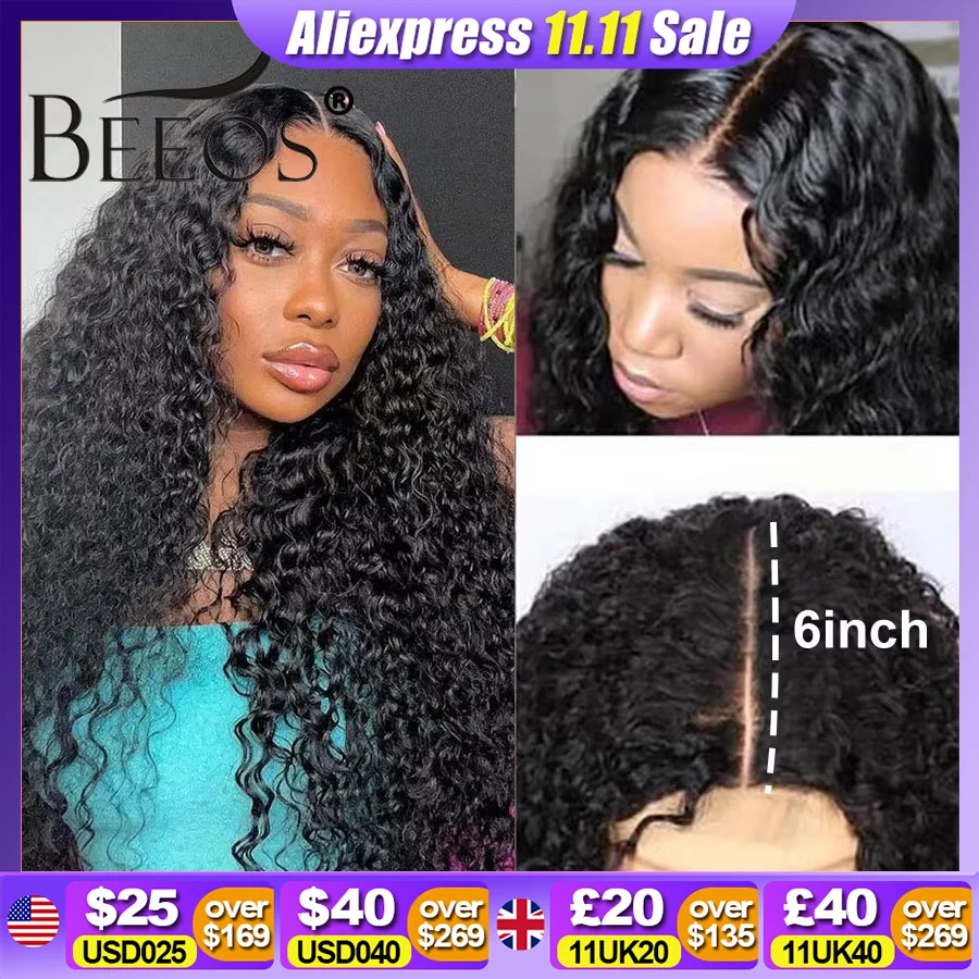 BEEOS Glueless 250% Skinlike 2x6 HD Lace Closure Wigs Preplucked Human Hair Water Wave HD Transparent Lace Wigs For Women