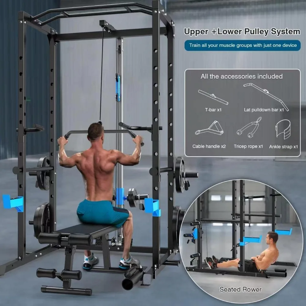 Multi-Functional Power Rack with J-Hooks, Optional Cable Pulley System for Home Gym