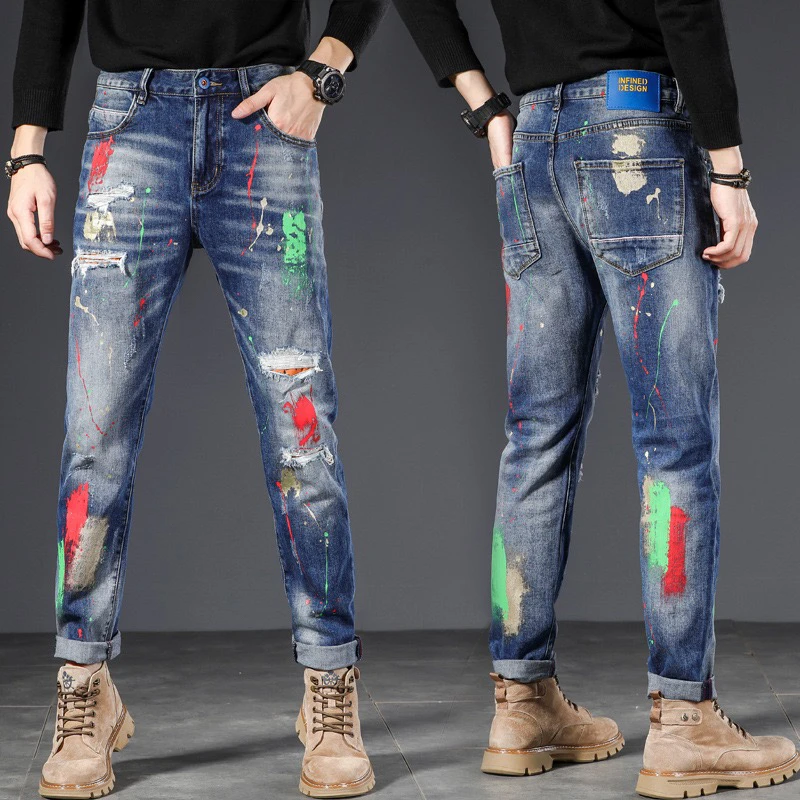 EH·MD® Spray Painted Jeans Men's Holes Scraped Summer High Elastic Slim Fit Small Feet Zipper Leather Label Splash Wrinkle Blue