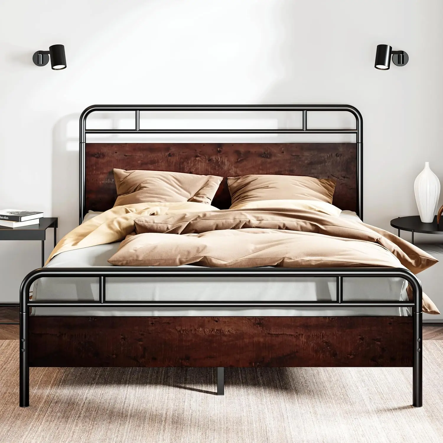 Queen Size Bed Frame with Wooden Headboard and Footboard, Rounded Corner Metal Frame, Heavy Duty Platform Bed