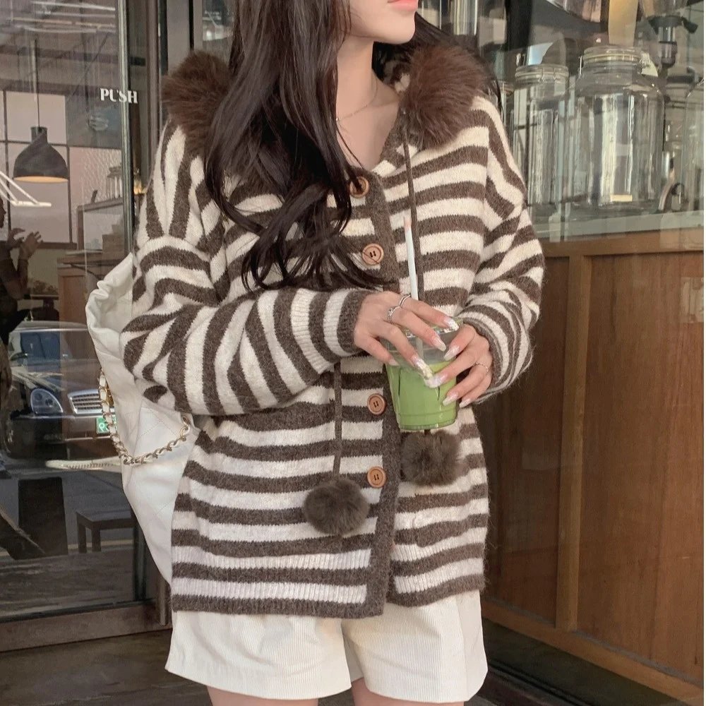 Abrigo de piel de punto para mujer con capucha a rayas corte holgado Otoño Invierno nueva ropa de abrigo Sle Faion cómoda Top largo Sve