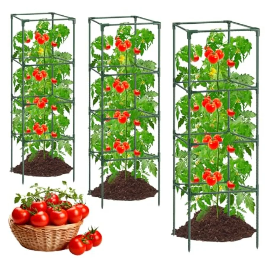 Garden Tomato Cages, Steel, Green, Heavy-Duty Square Support For Cherry Tomatoes, Cucumbers, Climbing Vegetables, Flowers, And