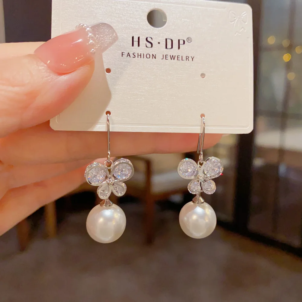 Graceful Butterfly Dangle Earrings Dainty Shimmering Wing Luster Bead Pendant Ear Drop Subtle Glamour Gift For Her