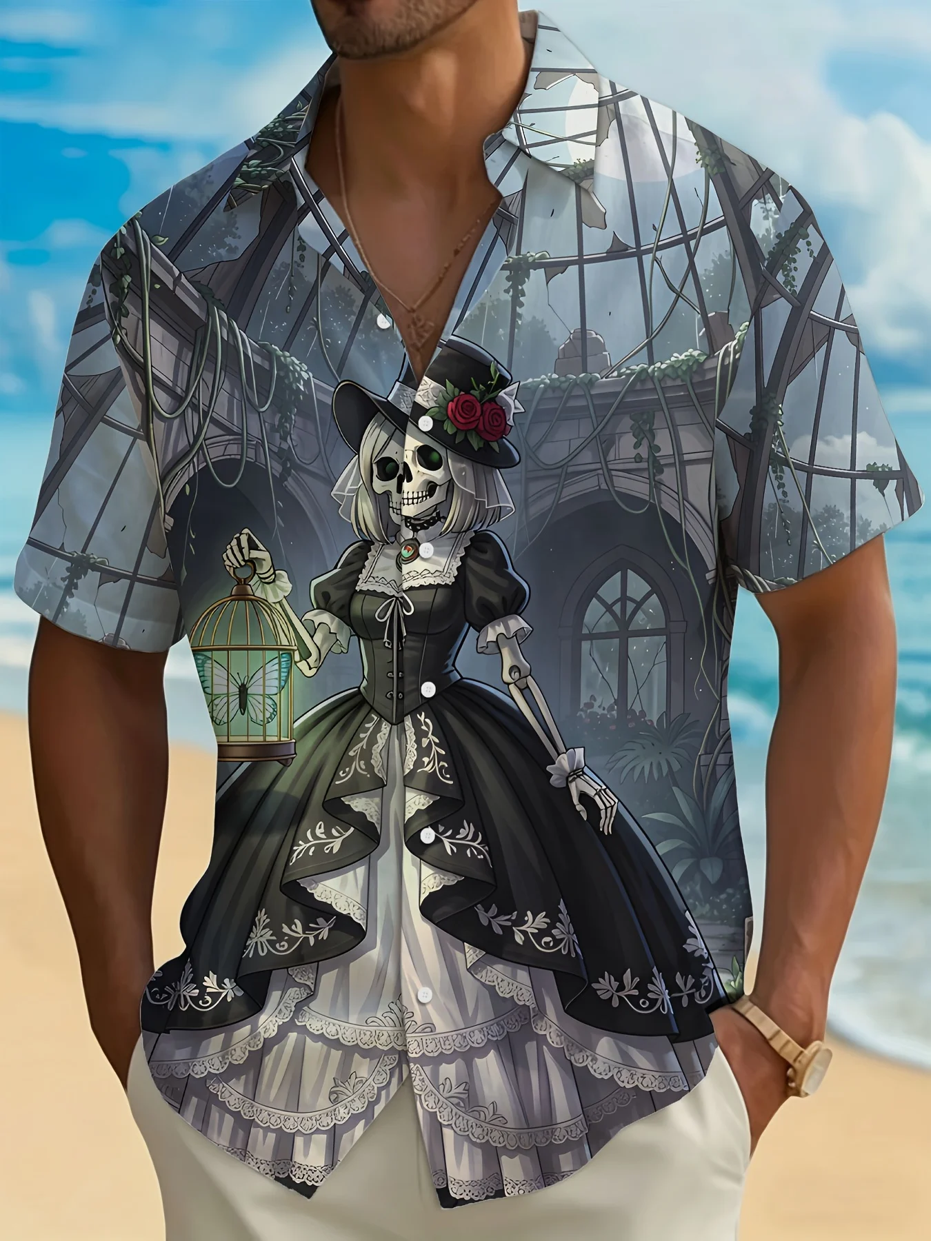 Unisex Camp Collar Shirt Gothic Skeleton Lady Rose Castle Print Short Sleeve Beach Button Casual Tops