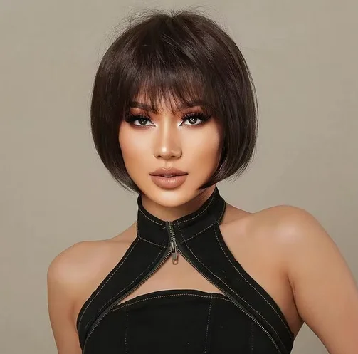 100% Real Human Hair Costume Wig Short Straight Natural Straight Bob Layered Haircut Neat Bang With Bangs