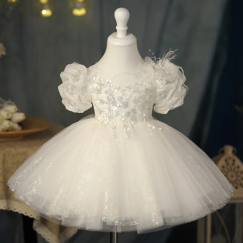 

2024 Girl Sequined Princess Dress Wedding Party Children Bridesmaid Dresses Solid Color Puff Sleeves Fancy Birthday Girls Gown