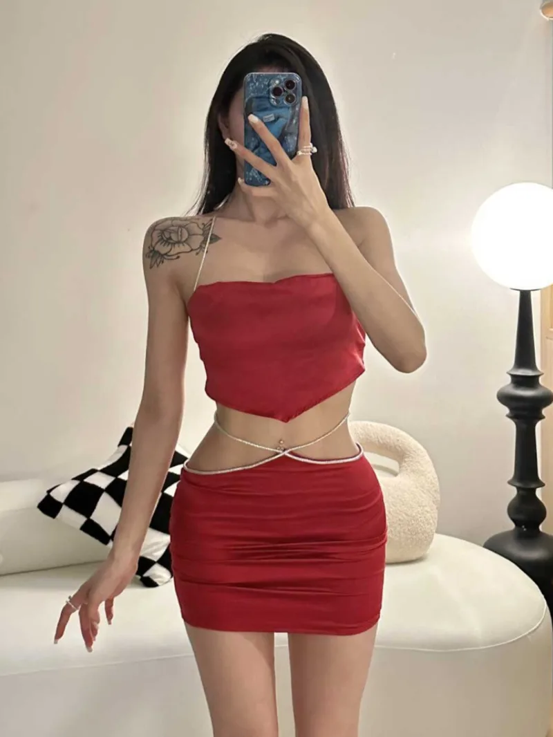 Spicy Girl Set Women's Summer New Hanging Neck Top Tie Up Chest Wrapping Short Sweet Mini Skirts Hot Sexy Korean Women C957