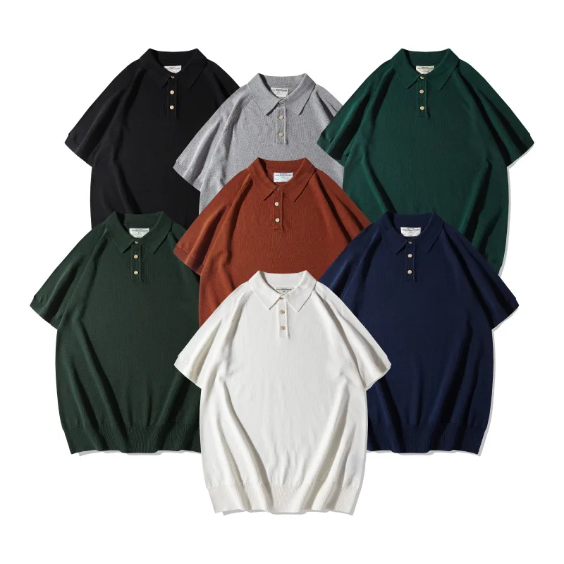 Mens Polo Shirt Solid-Color Short-Sleeve Knit T-Shirt Italian Polo Shirt A-line Waist-Defining Collared T-Shirt Men Clothing New
