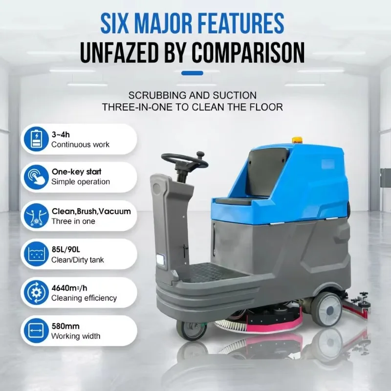 Industrial Ride-on Floor Scrubber 4500㎡/h Efficiency 90L Large Tank 24V 100Ah Battery Automatic Floor Cleaning Machine