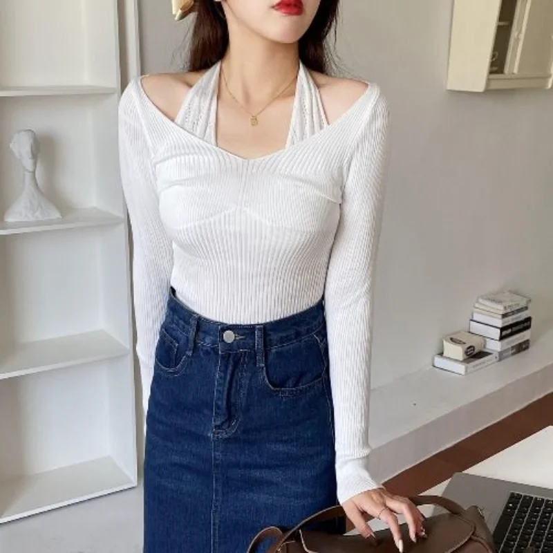 V-neck Halter Neck Sweater Women Slim Long Sleeve Autumn Design Korean Fashion Casual Top