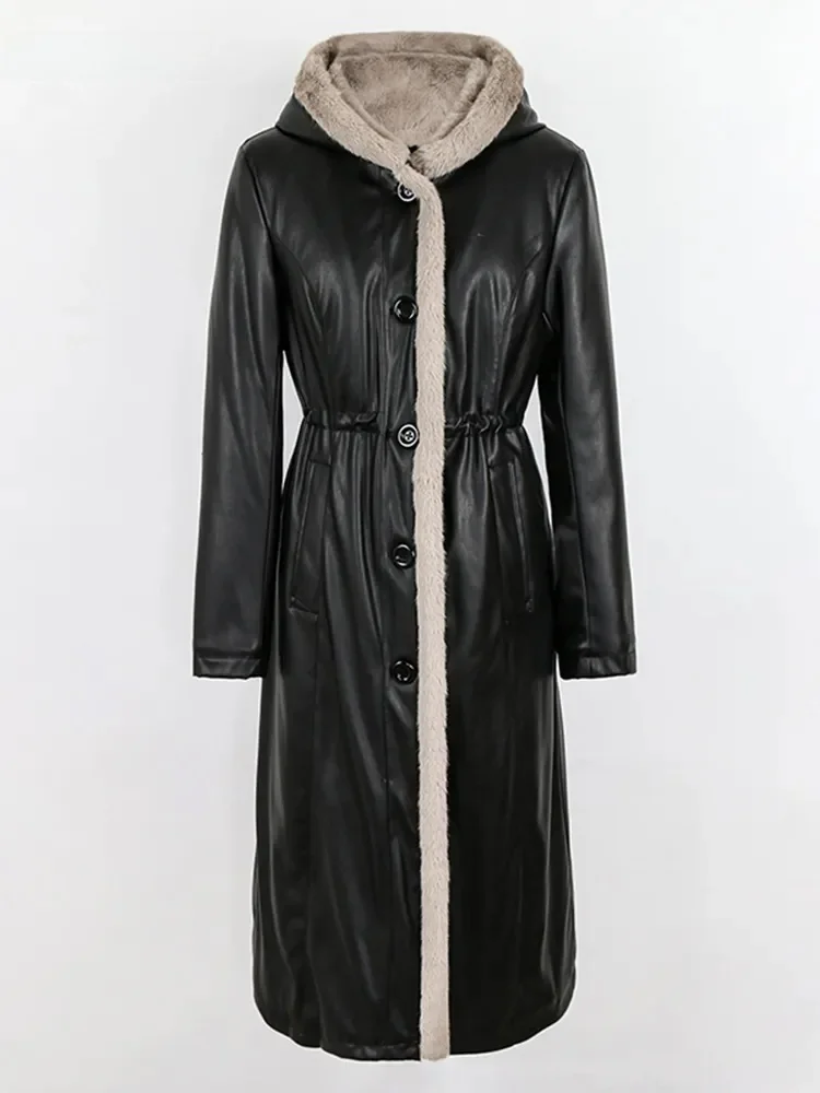 Nerazzurri Women's Fleece Lined Thickened PU Leather Jacket Hooded Fashion Color Block Long Coat Youth plus Size High Gloss