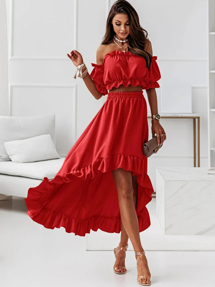 New Fashion Women Summer Ruffles Dress Set Two Piece Off Shoulder Slash Neck Short Sleeve Crop Top Irregular Long Skirt Set