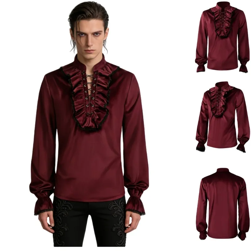 Men Gothic Victorian Ruffled Lace Up Shirt Long Sleeve Stand Collar Jabot Puff Sleeve Vampire Pirate Halloween Cosplay Costume