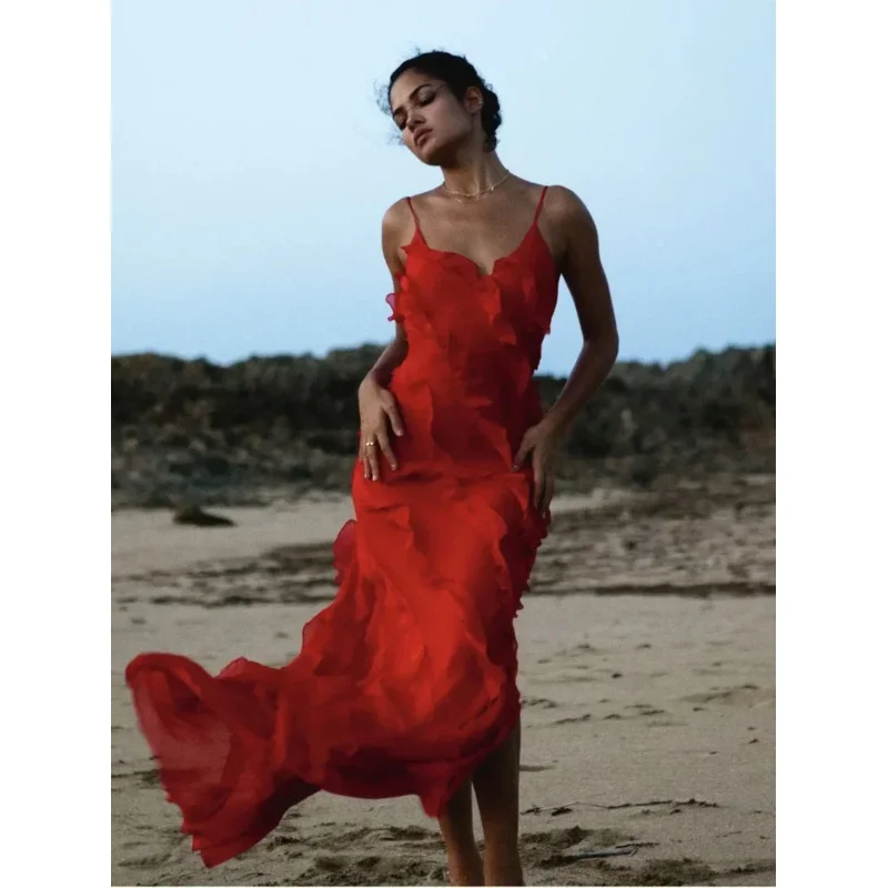 جينا-فستان طويل أنيق للنساء ، مثير ، مكشوف الظهر ، دانتيل ، كشكشة ، أحمر ، فستان سهرة ، فستان حفلة ، جديد ، صيف ،