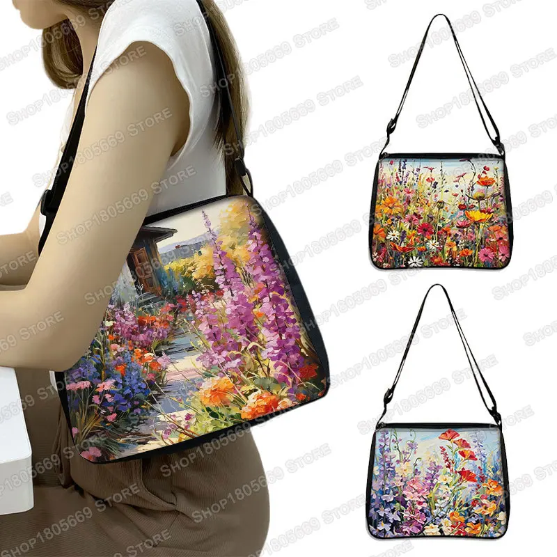 Oil Painting Larkspur Corn Poppy Shoulder Bag Beautiful Flower Women Handbag Large Capacity Phone Wallet Storage Bags Totes