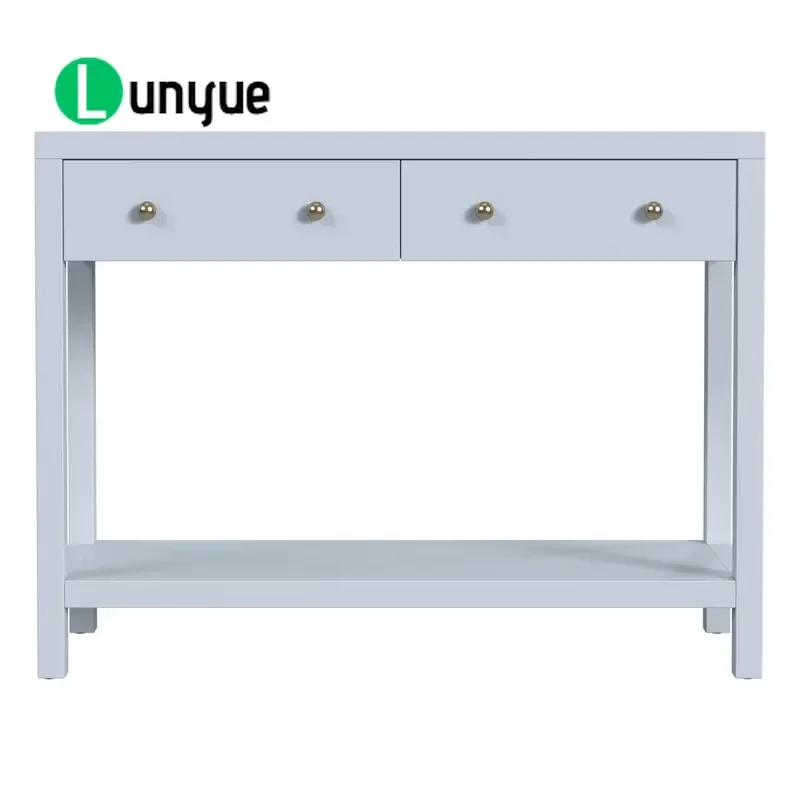 Modern Minimalist White Porch Table Durable Wooden Living Room Furniture with Shelves and 2 Drawers Storage Console Desk