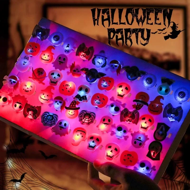 10-50Pcs LED Glowing Halloween Finger Rings Pumpkin Skull Spider Luminous Rings Children Party Favor Toys Gifts