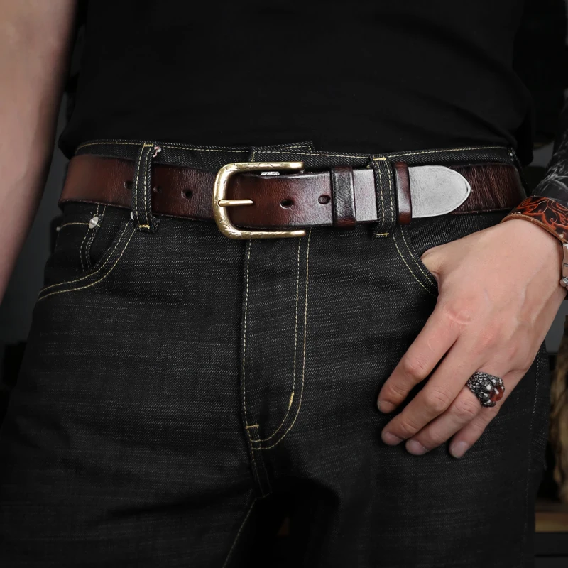 Thick Cowhide 3.8CM Copper Buckle Handmade Genuine Leather Men's Belt Retro High Quality Jeans Waist Belts For Male