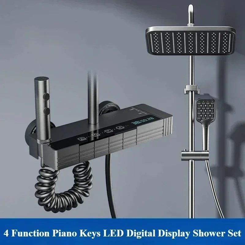 Doccia con display digitale a temperatura intelligente Set completo Montaggio a parete Chiave per pianoforte a quattro funzioni Sistema di rubinetti per doccia calda e fredda per il bagno