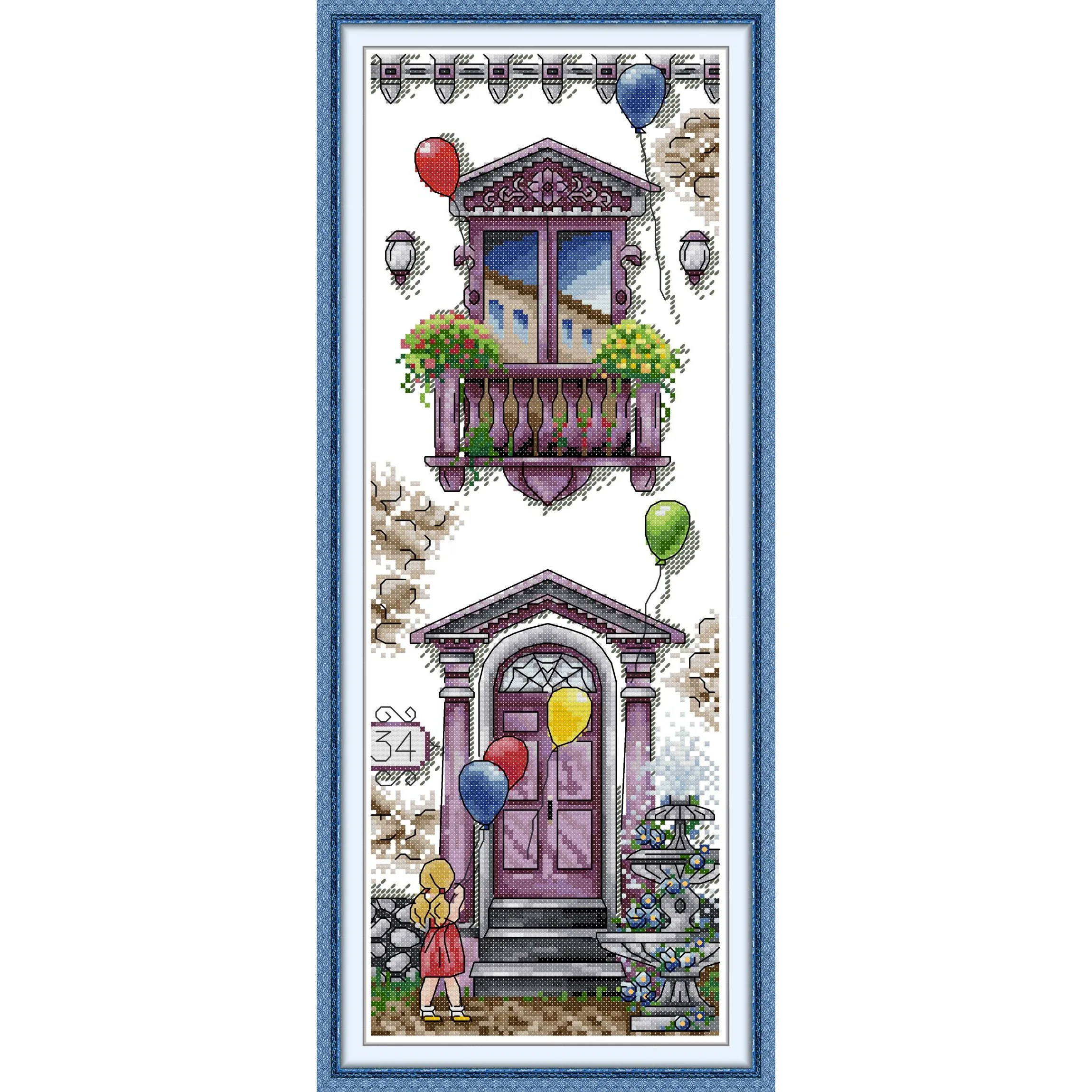 News Pre-Printed Cross Stitch Kit, Stamped Aida Fabric With DMC Threads, Embroidery Kit - Children's Day Balcony