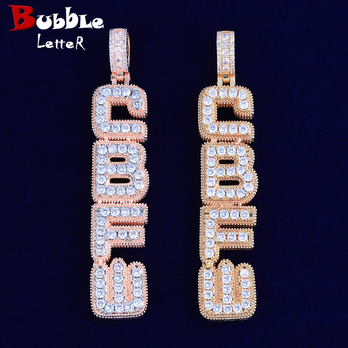 Bubble Letter Iced Out Custom Name Necklace for Men Vertical Version Prong Setting Personalized Cubic Zirconia Hip Hop Jewelry