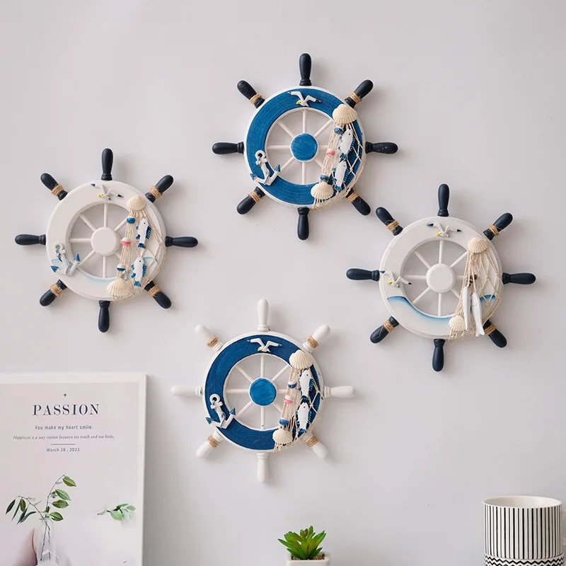 ​​​​​​​Mediterranean Style Ship Wheel Wall Decor Rustic Wooden Rudder Ornament for Home Office and Photo Wall Durable Display
