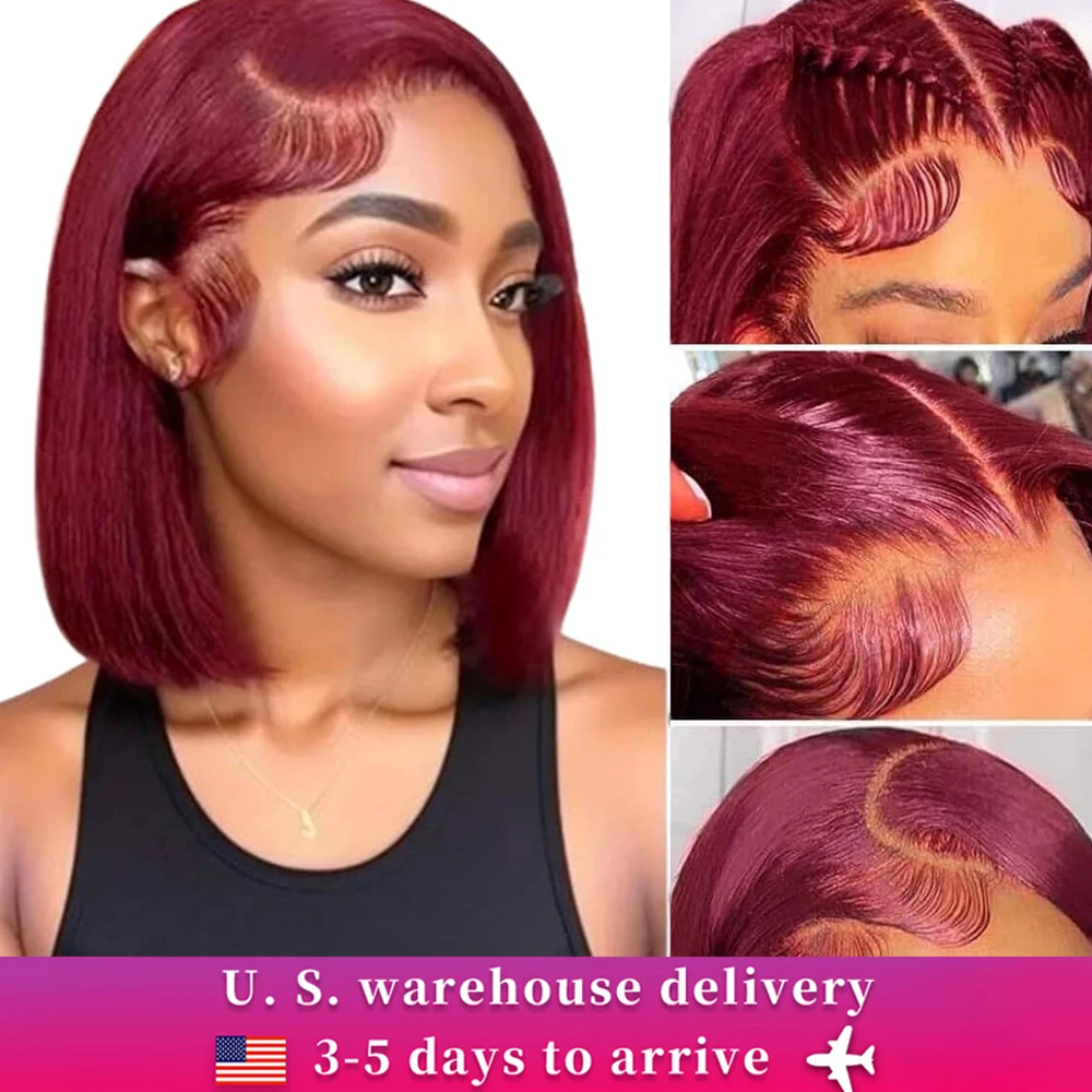 

99J Бордовые Парики Фронта Шнурка Боб Человеческие Волосы Предварительно Сорванные Прямые Парики Боб для Чернокожих Женщин 13x4 HD Прозрачные Парики Фронта Шнурка