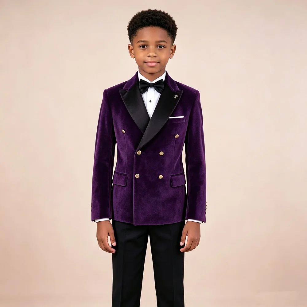 Boys Velvet Wedding Tuxedo 2 Pieces Set Double Breasted Suit Jacket with Gold Buttons Formal Page Pants Outfit for Party Prom