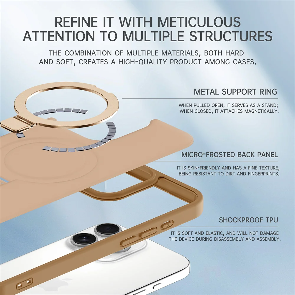 Matte magnetische Hülle mit Metallringständer für Magsafe iPhone 16 Pro Max 15 14 13 12 16 Pro Max Plus 15Pro Wireless Charge Cover – Detail 3