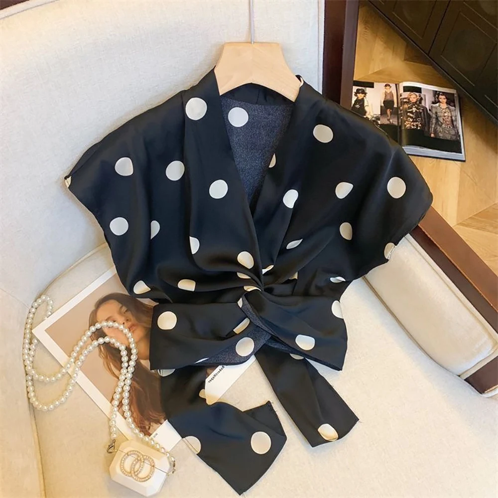 Sexy Cropped Shirt Women Vintage Polka Dot Slim V-Neck Short Sleeve Blouse French Retro Casual Bow Lace Up Summer Elegant Tops
