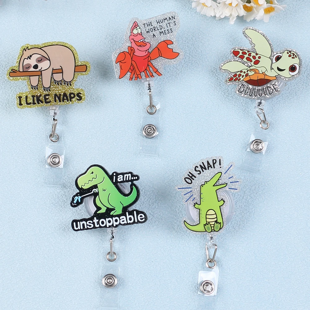 الكرتون الحيوان شارة بكرة قابل للسحب حامل شارة أكريليك بكرة ID كليب ديناصور كوالا التمساح كليب ل ممرضة مكتب طالب