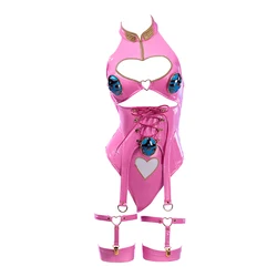 MOBBUNNY Women Dio Lingerie Heart Cutout Halter Bodysuit with Gloves Leg Rings Cosplay Costume