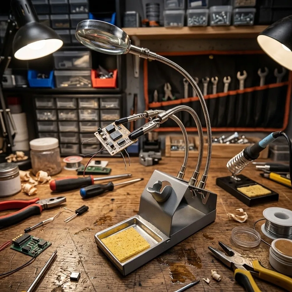 Professional-Grade Soldering Stand with Magnifying Lens and Dual Crocodile Clips for Controlled Soldering on Dense PCB Layouts