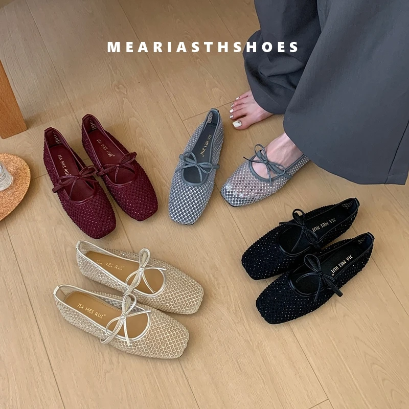 Women Mesh Ballet Flats Fishnet Ballerina Flats Buckle Strap Slip On Ballerina Shoes Round Toe Ballet Shoes for Outdoor Travel