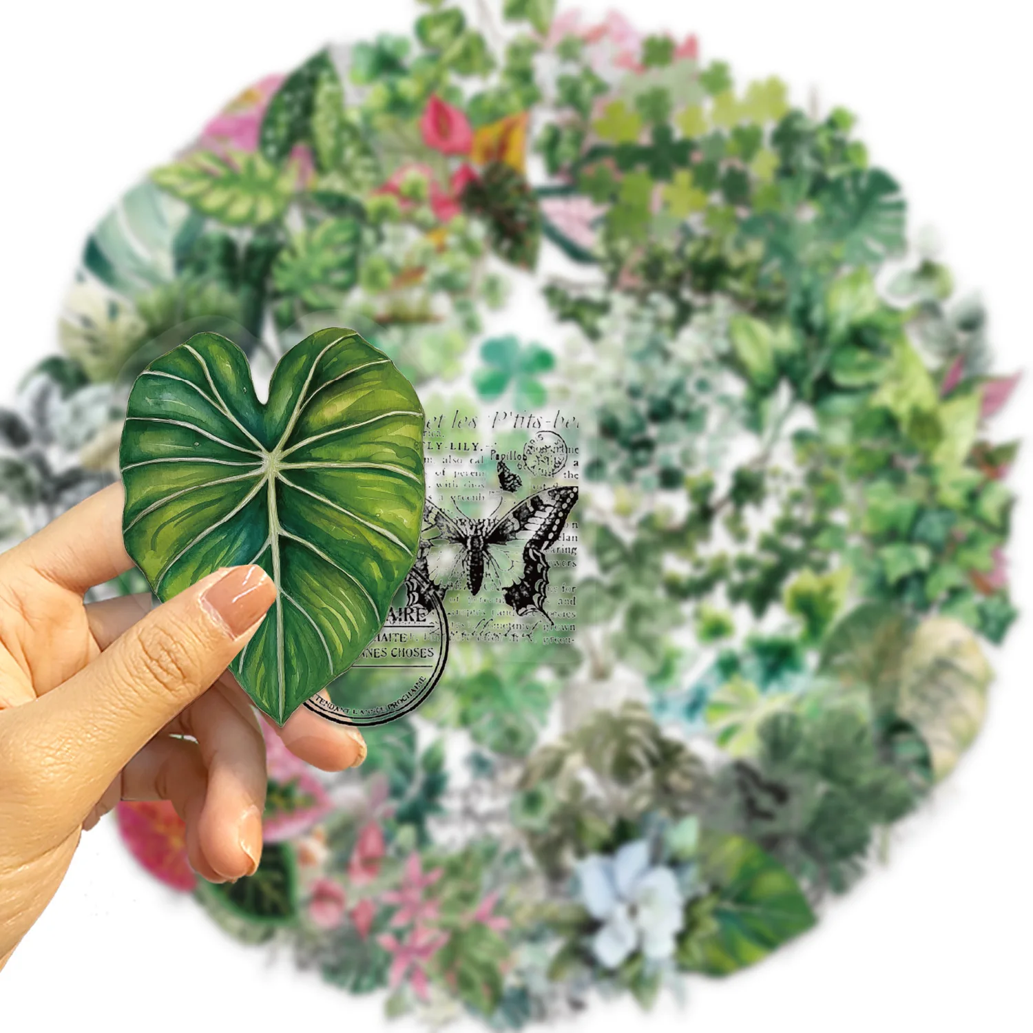 50Pcs Green Plant Leaf Transparent PET Stickers Waterproof Decals for Laptop Journal Water Bottle Scrapbook DIY Craft Decor