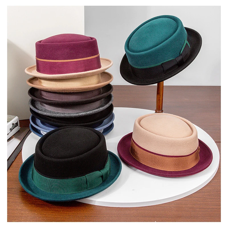 Winter 100% Wool Fedora Hat For Women Elegant British Felt Hats Flat Top Ladies Hat Wedding Party Curled Edge Fedoras With a Bow