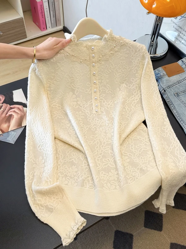 

Faionable Large Size Knitted Top Women's Lace Sensation Embroidery Single Button Casual Loose Fit Long Sve Winter irt