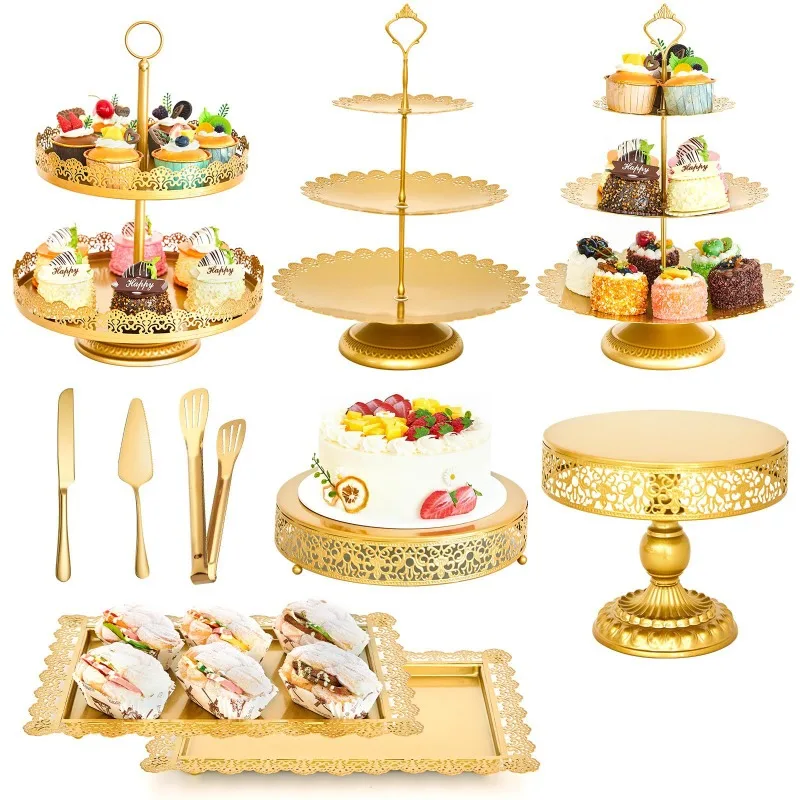 European Creative Golden Hollow Cake Rack Wedding Props Dessert Table Ornament Dessert Shop Dim Sum Cake Rack Combination