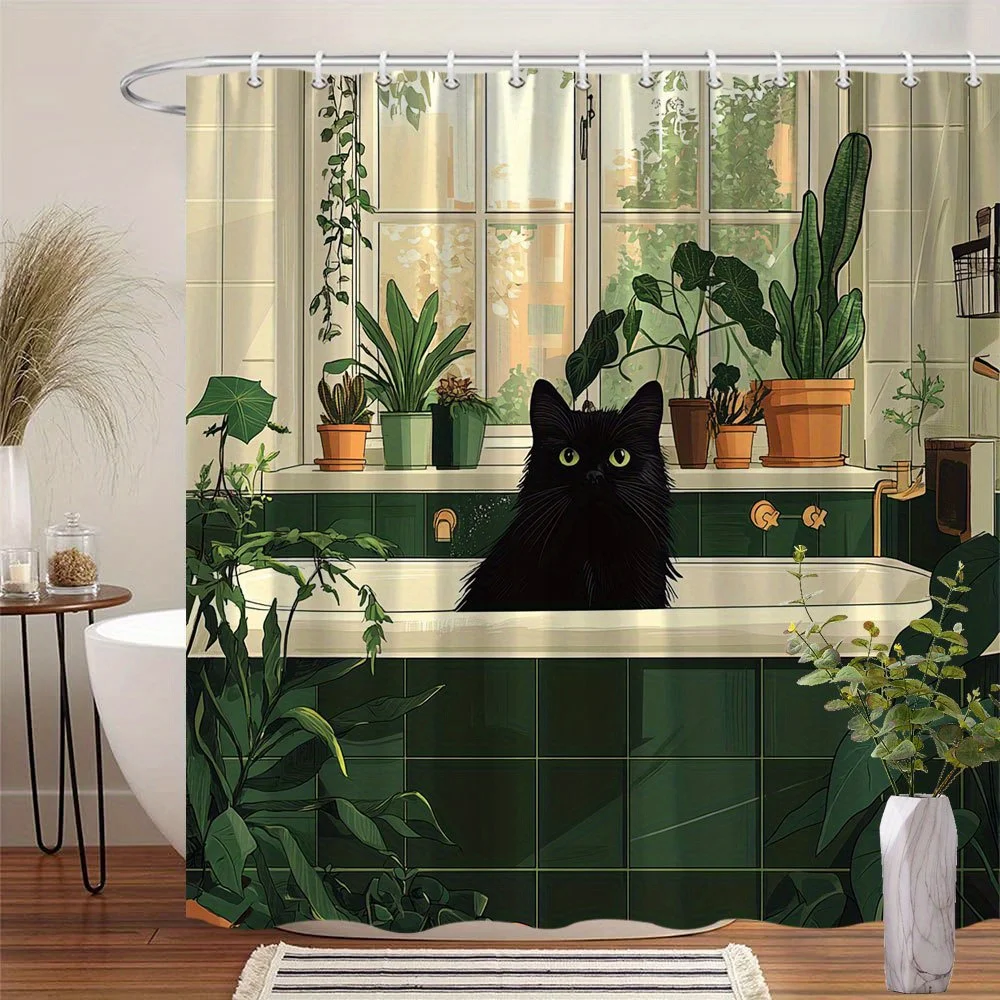 Cartoon Style Green Tile Bathtub Black Cat Various Potted Houseplant Window View Print Shower Curtain Waterproof Mildew Resistan