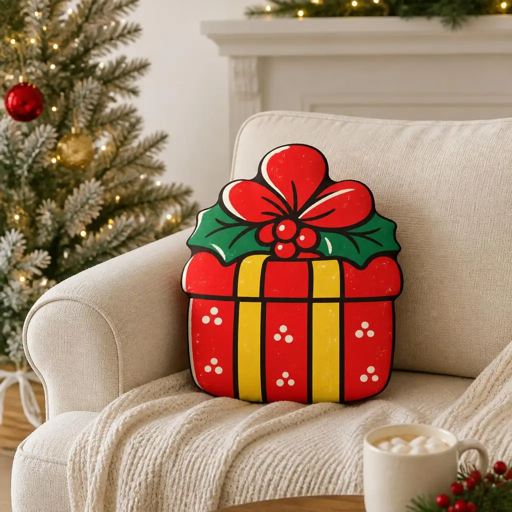 Christmas Gift Box Shaped Throw Pillow Festive Holiday Cushion Plush Stuffed Decorative Sofa Home Decor Living Room
