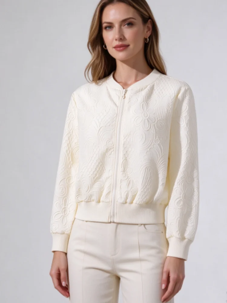 Miyake Pleated Women Cream Embossed Floral Zip Jacket, Long Sleeve Baseball Coat, Textured Casual Outerwear