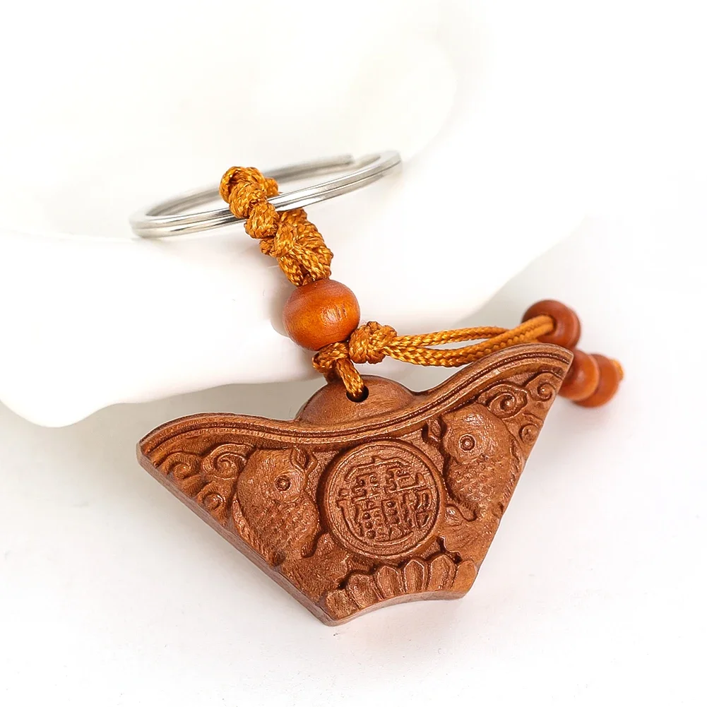 1PC Natural Peach Wood Key Ring Hand-carved Double Fish Yuanbao Pendant Key Chain Peace Blessings Ornaments Gifts