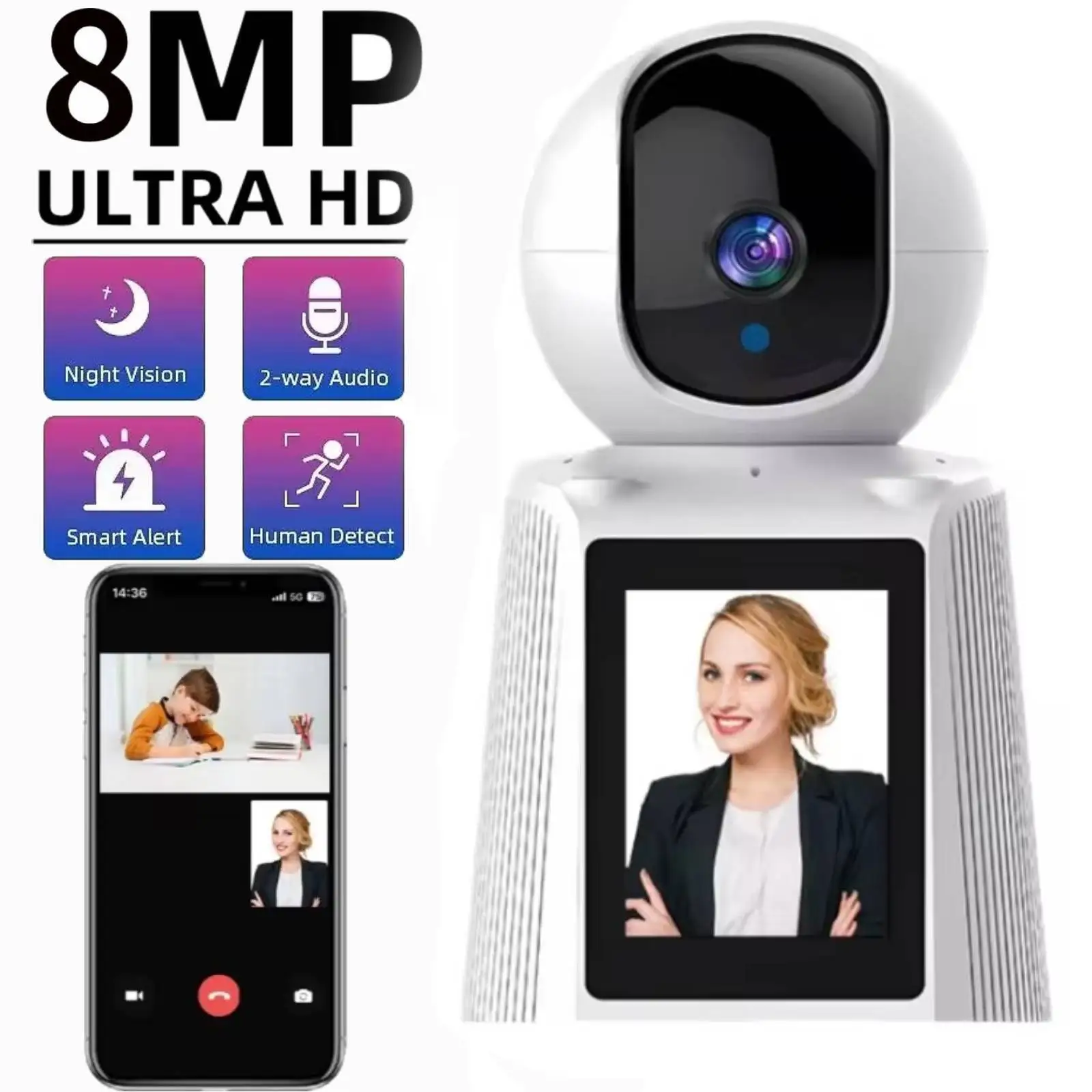 

8MP Wifi Camera Baby Monitor with IPS Screen Two Way Audio Display Video Calling Smart Wifi Cameras Indoor AutoTracking CCTV Cam