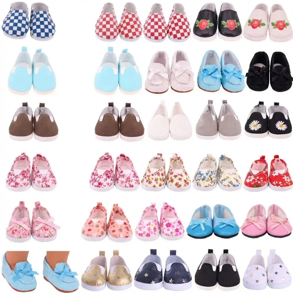 7Cm length Doll Shoes For 18 inch Girls American & 43Cm Baby Doll Clothes Accessories Flowers/Bows Stamp Canvas Shoes