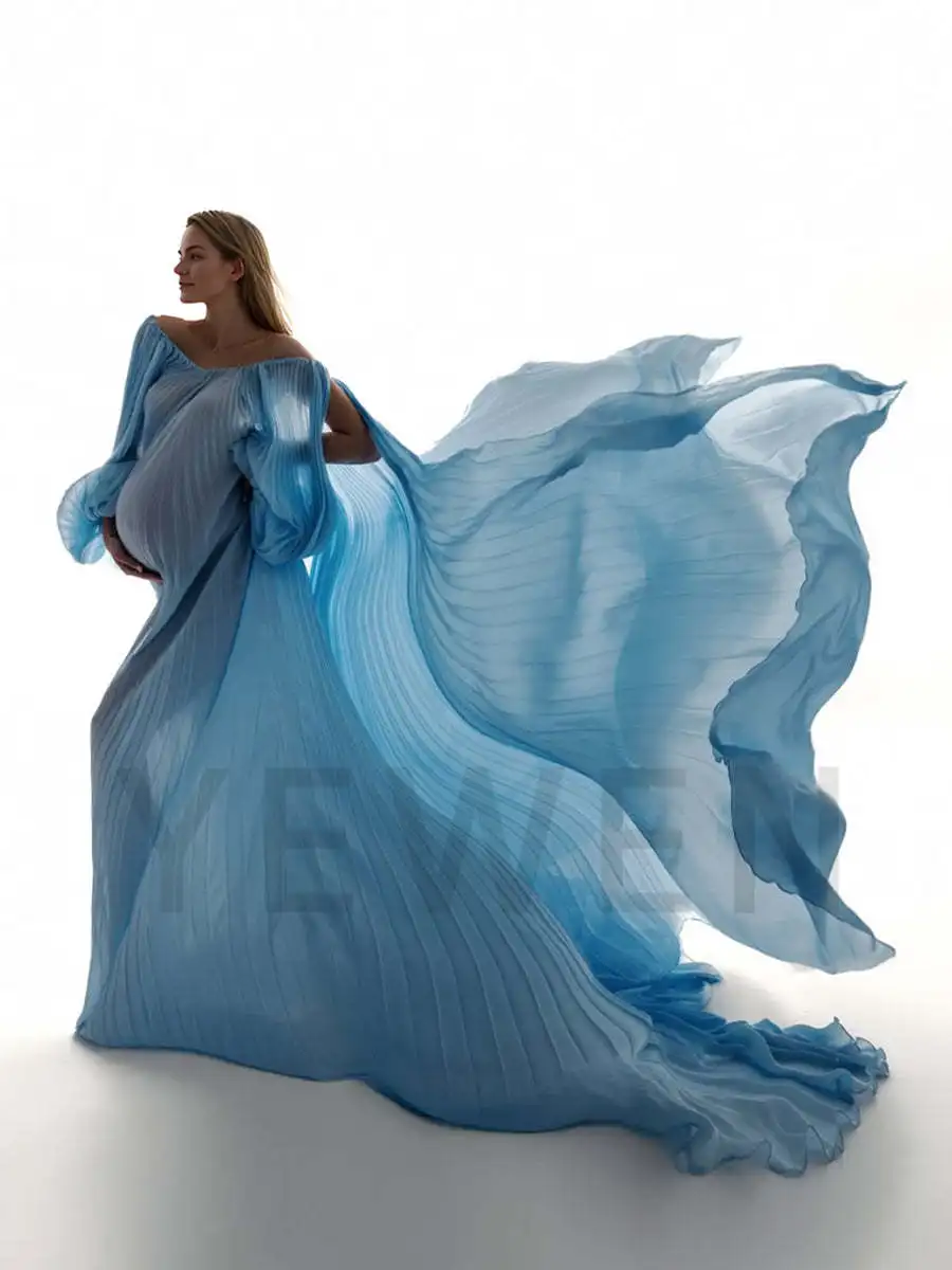 Flowing Chiffon Pleated Dress for Pregnant Women for Photo Shoot Elegant Off Shoulder Baby Shower Dresses YW250071